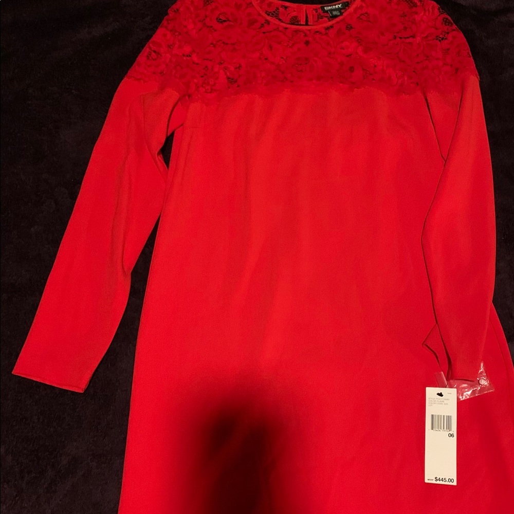 Red cocktail dress with lace sleeves NWT